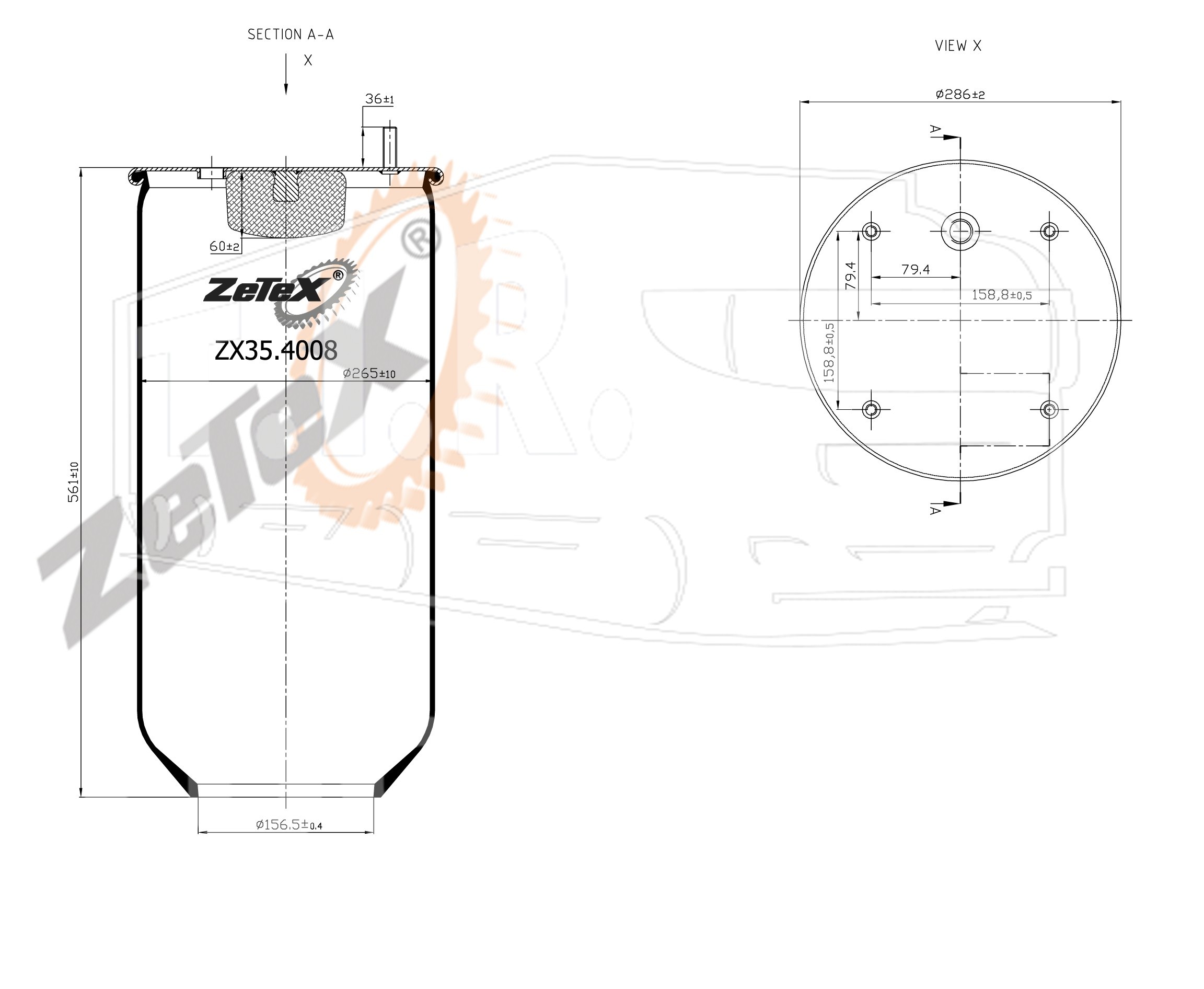 ZX35.4008, Пневморессора Contitech 4008N без стакана SAF — ZeTeX