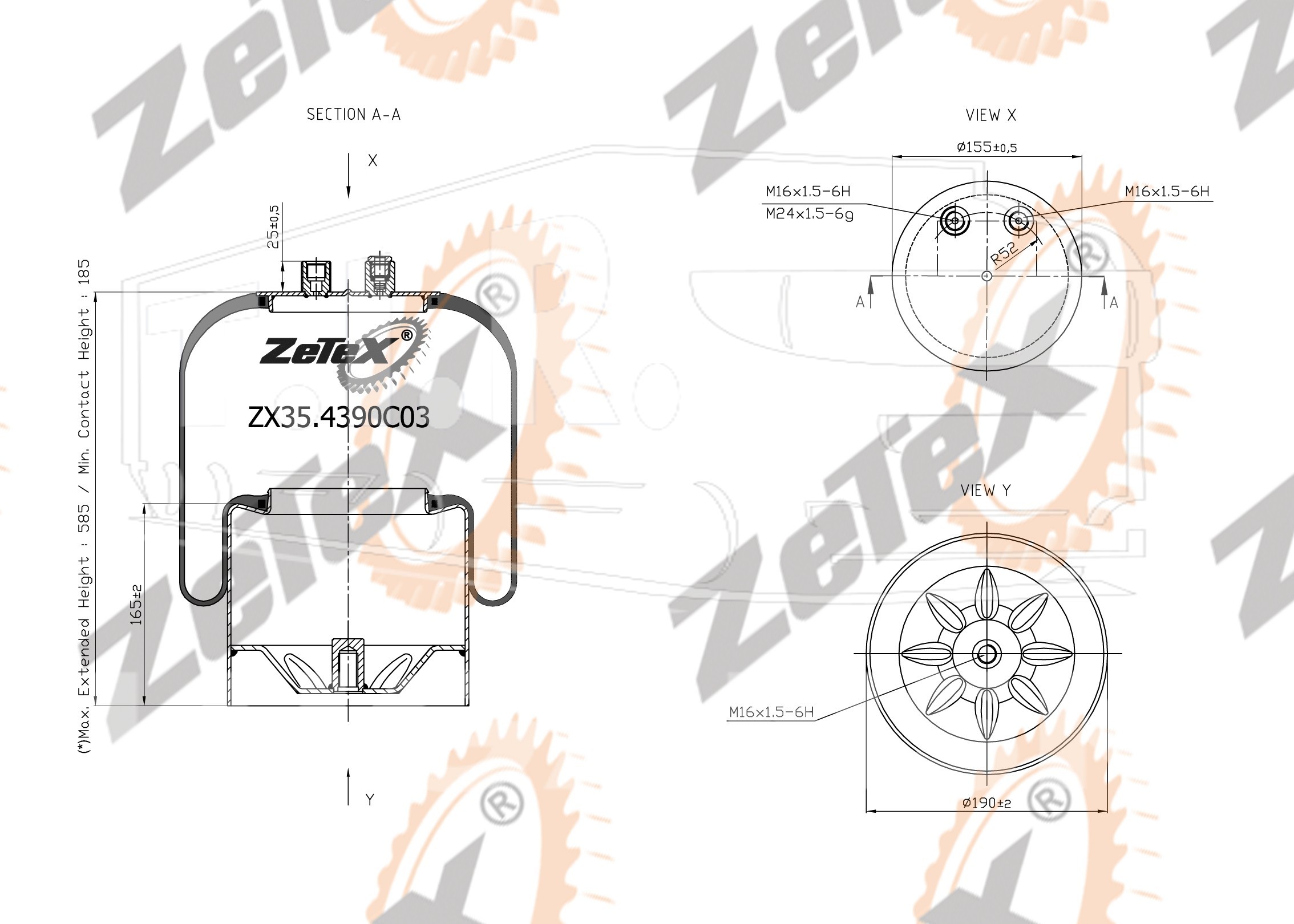 ZX35.4390C03, Пневморессора 4390NP03 Voss 230 металлический стакан Mercedes Actros — ZeTeX
