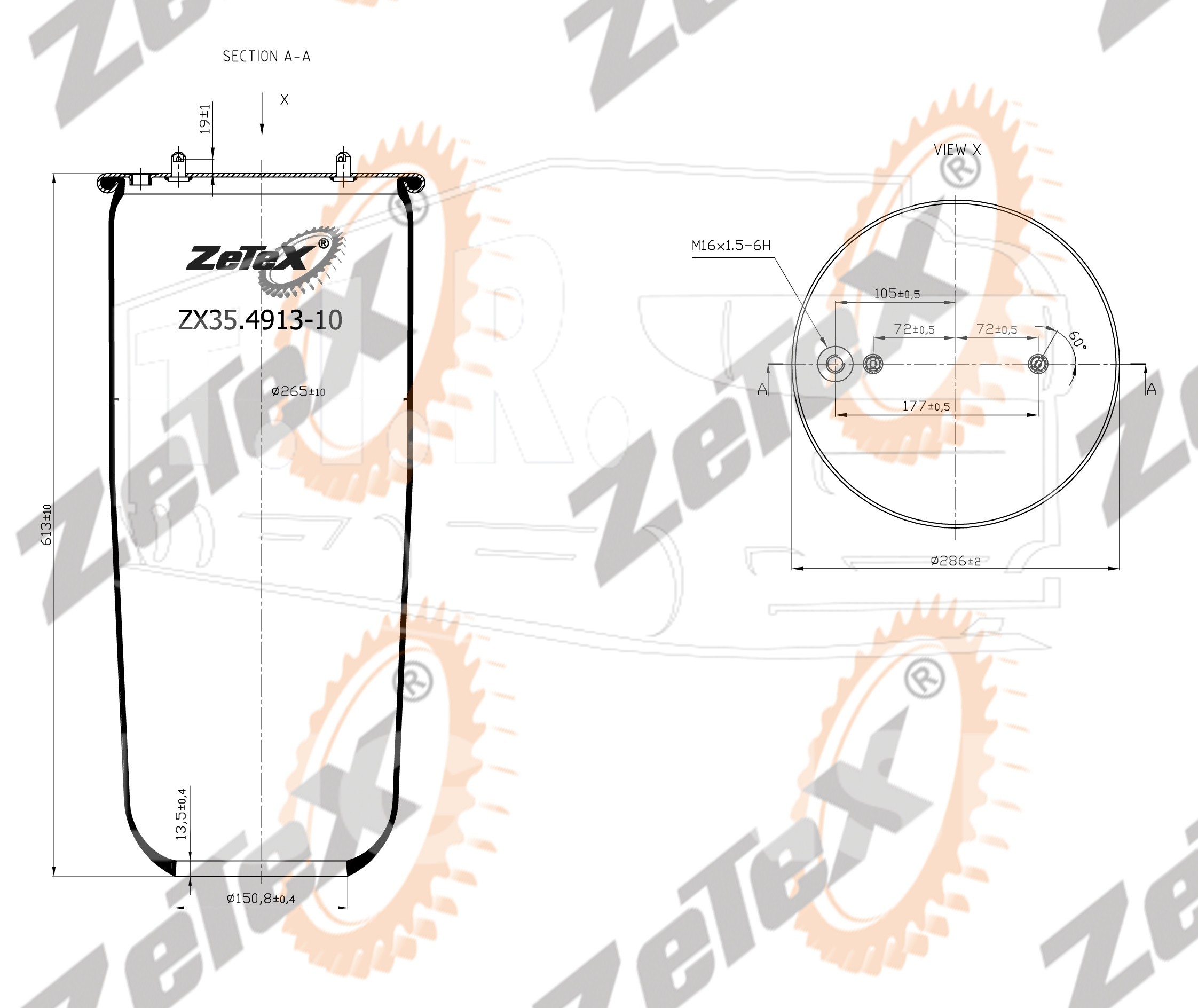 ZX35.4913-10, Пневморессора 4913NP10 без стакана — ZeTeX