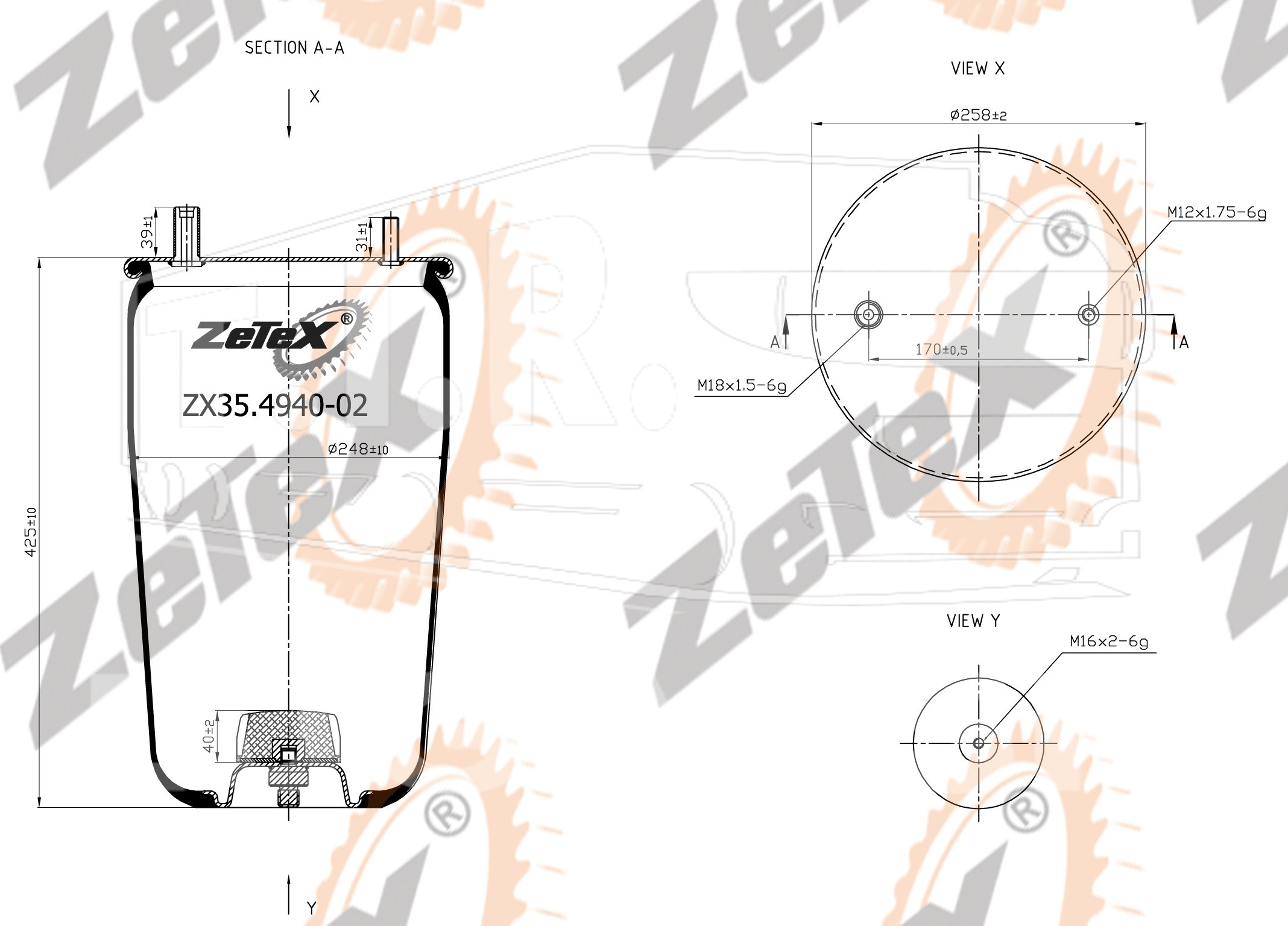 ZX35.4940-02, Пневморессора 4940NP02 без стакана BPW TYPE 30 K — ZeTeX