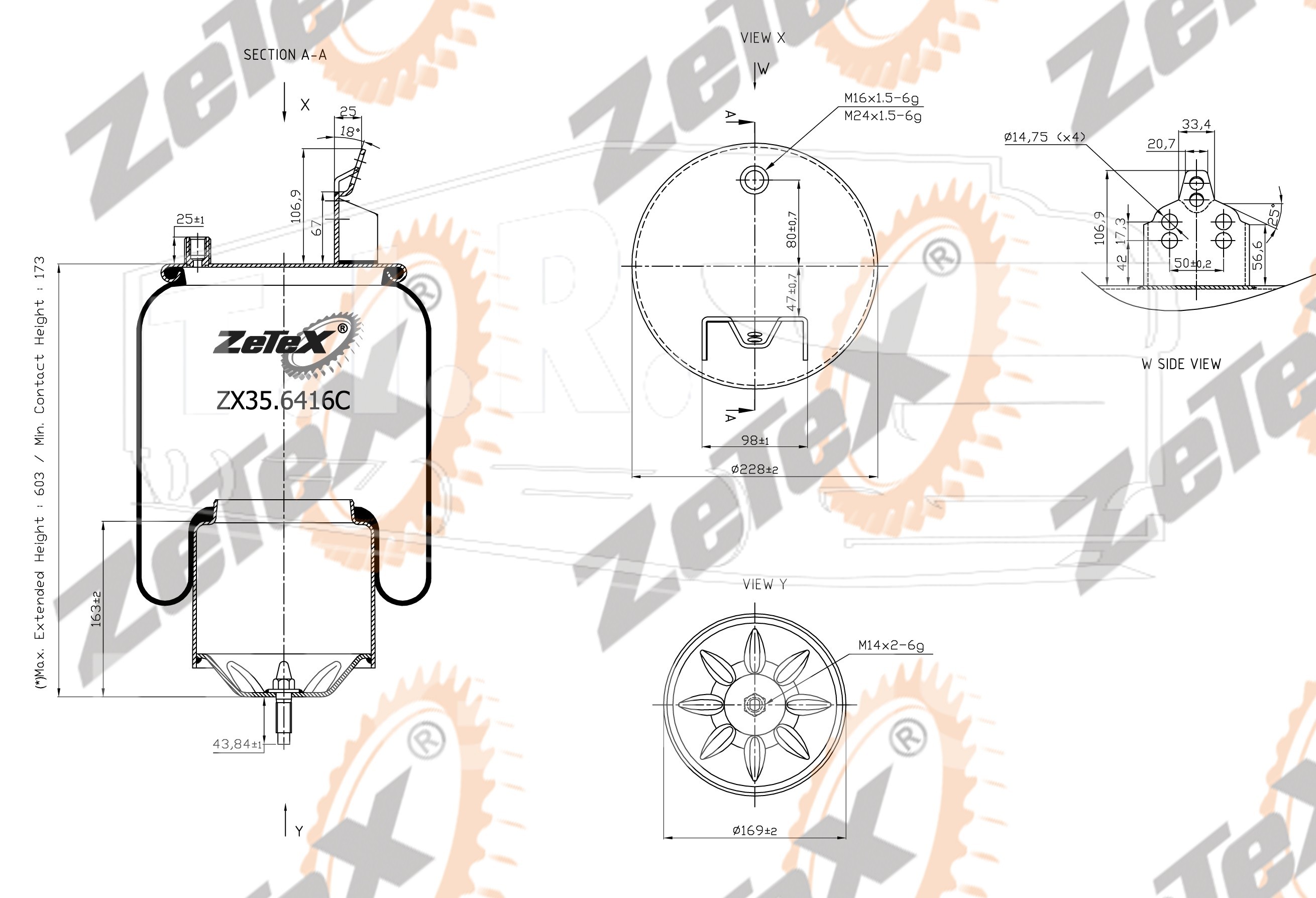 ZX35.6416C, Пневморессора 6416N (6608NP01) металлический стакан/с кронштейном Volvo — ZeTeX