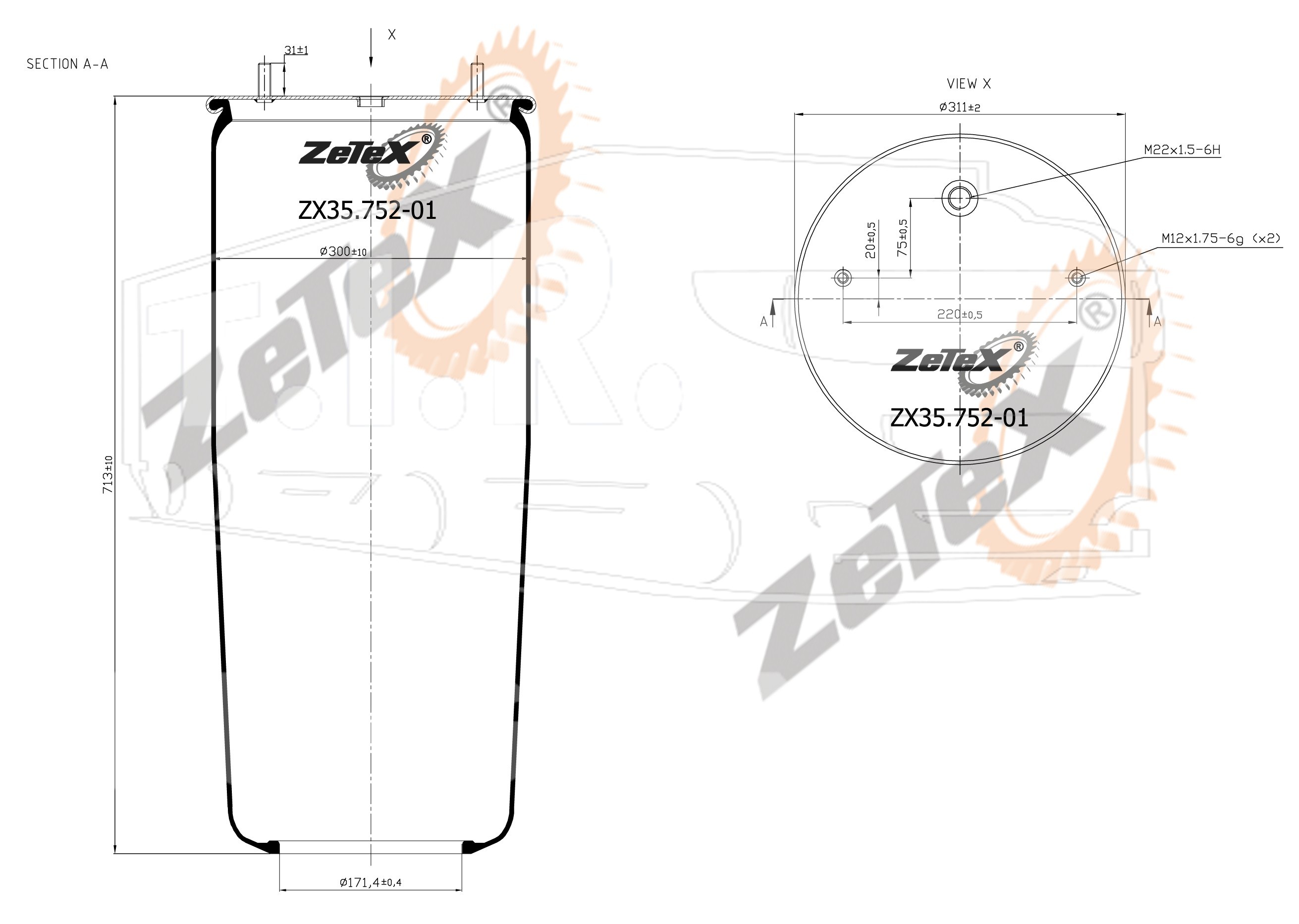 ZX35.752-01, Пневморессора 752NP01 без стакана GIGANT 3671 — ZeTeX