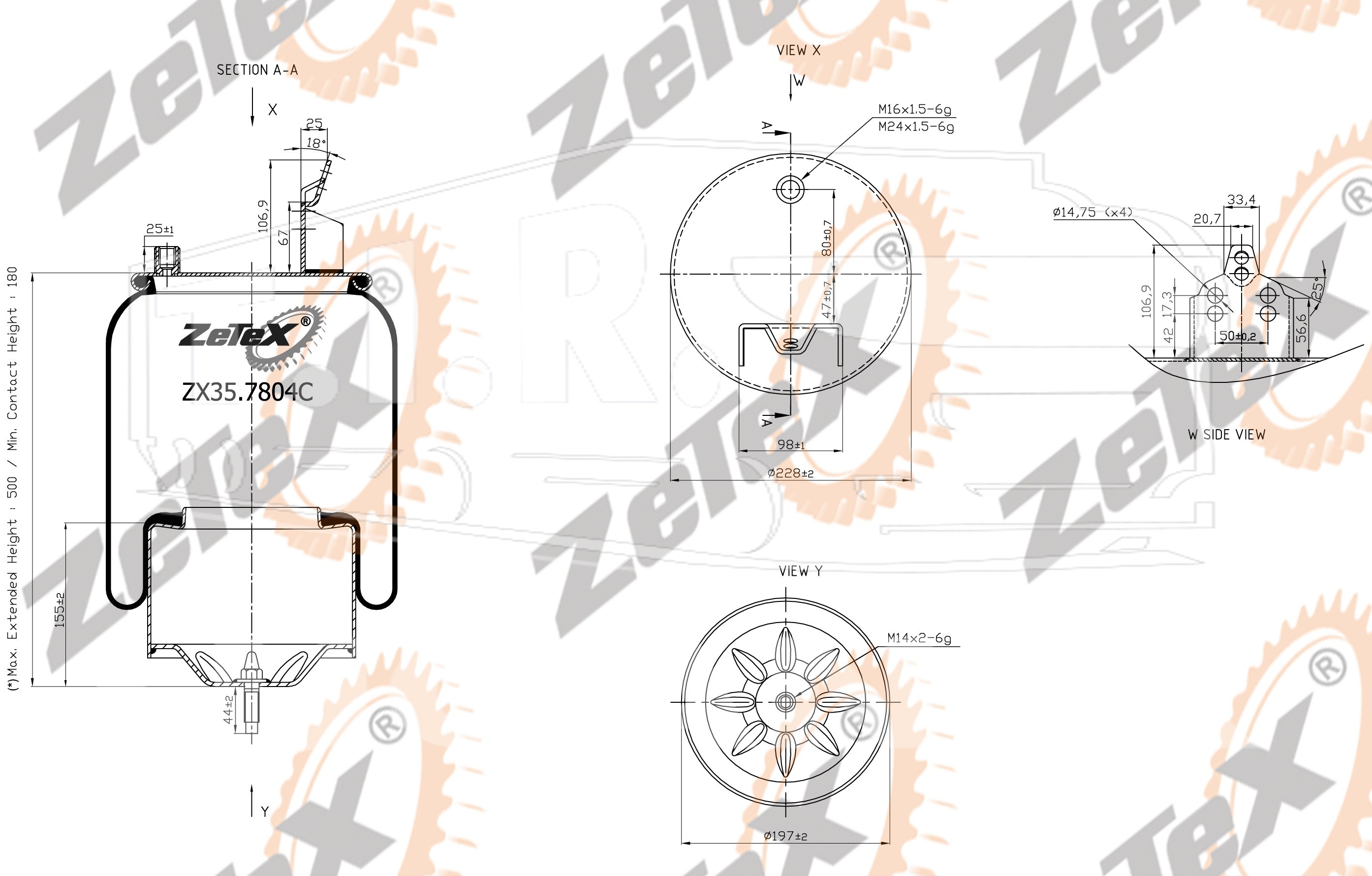 ZX35.7804C, Пневморессора 6606NP01 металлический стакан/с кронштейном Volvo Gras — ZeTeX