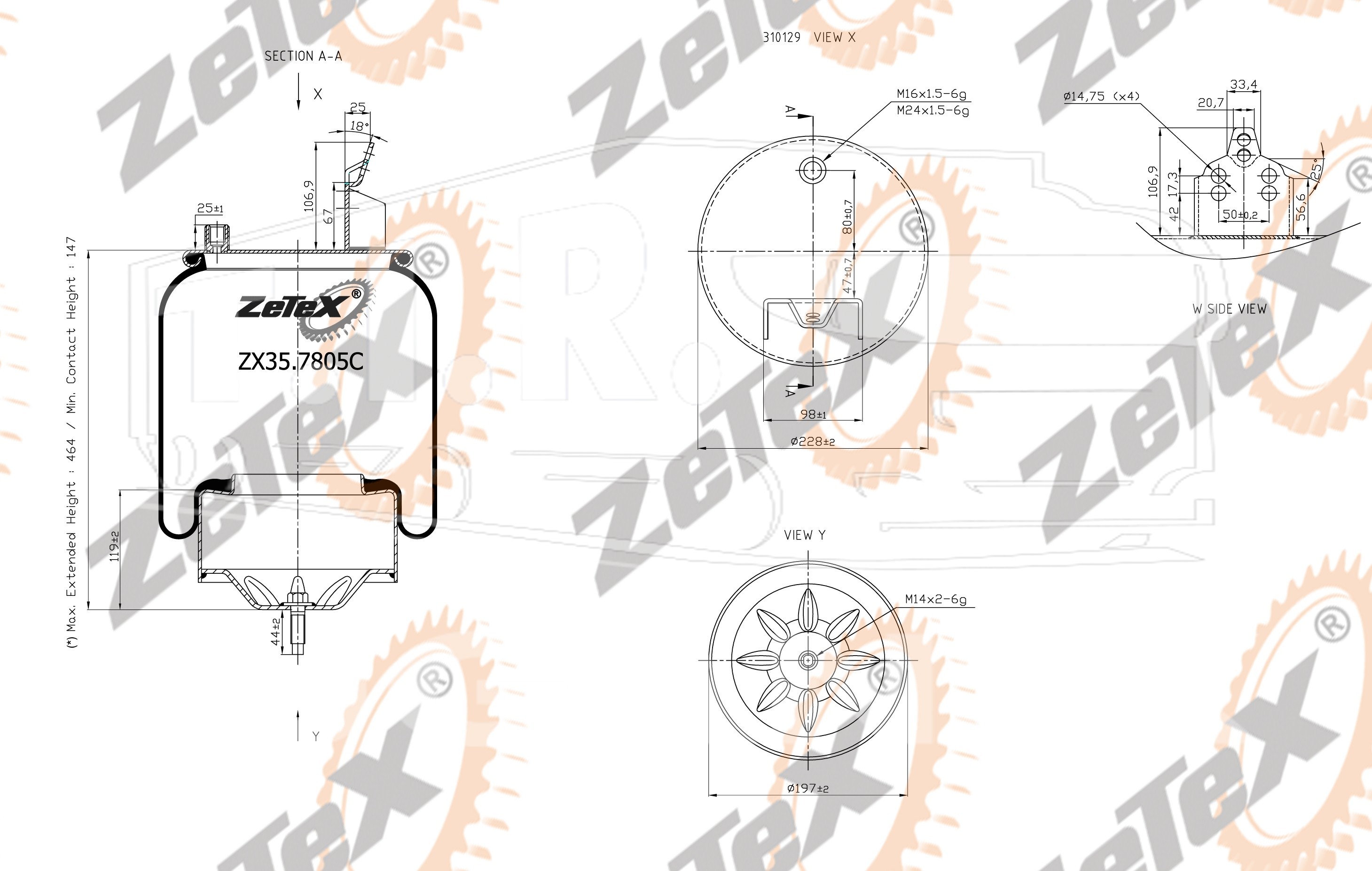 ZX35.7805C, Пневморессора 7805N металлический стакан/с кронштейном Volvo — ZeTeX