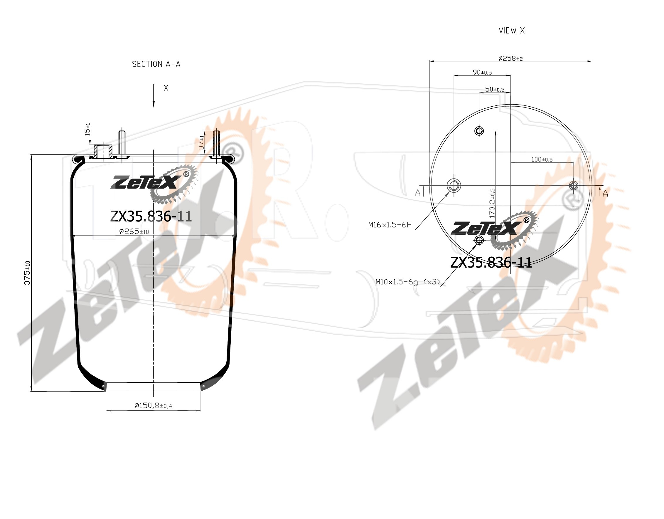 ZX35.836-11, Пневморессора 836M11 без стакана DAF — ZeTeX