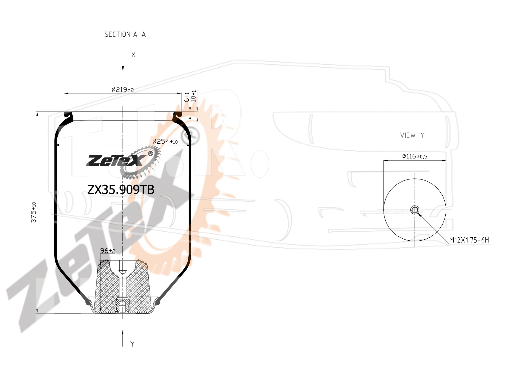 ZX35.909TB, Пневморессора 909NTB без стакана/с отбойником MAN — ZeTeX