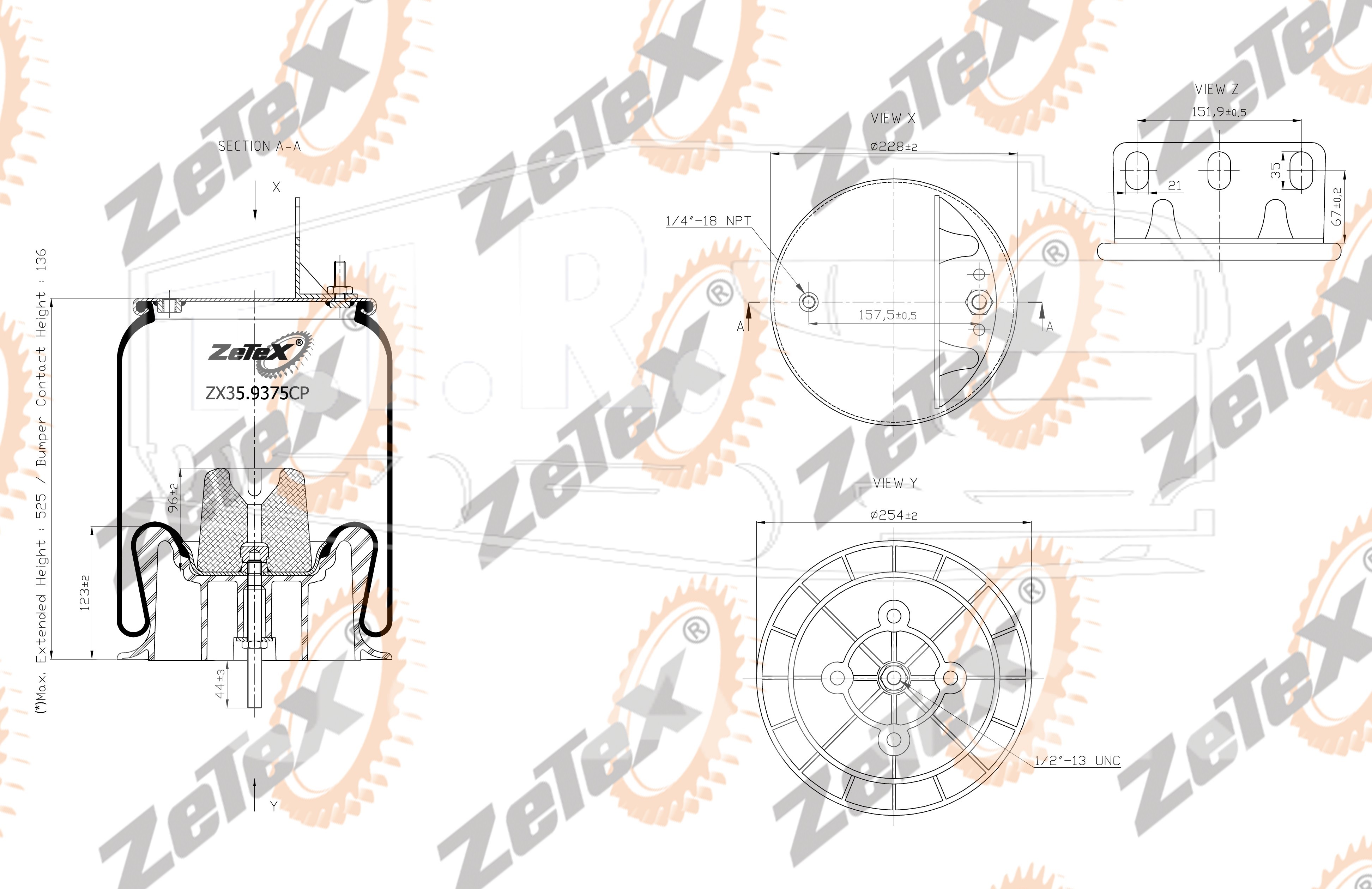 ZX35.9375CP, Пневморессора W013589375 пластиковый стакан — ZeTeX