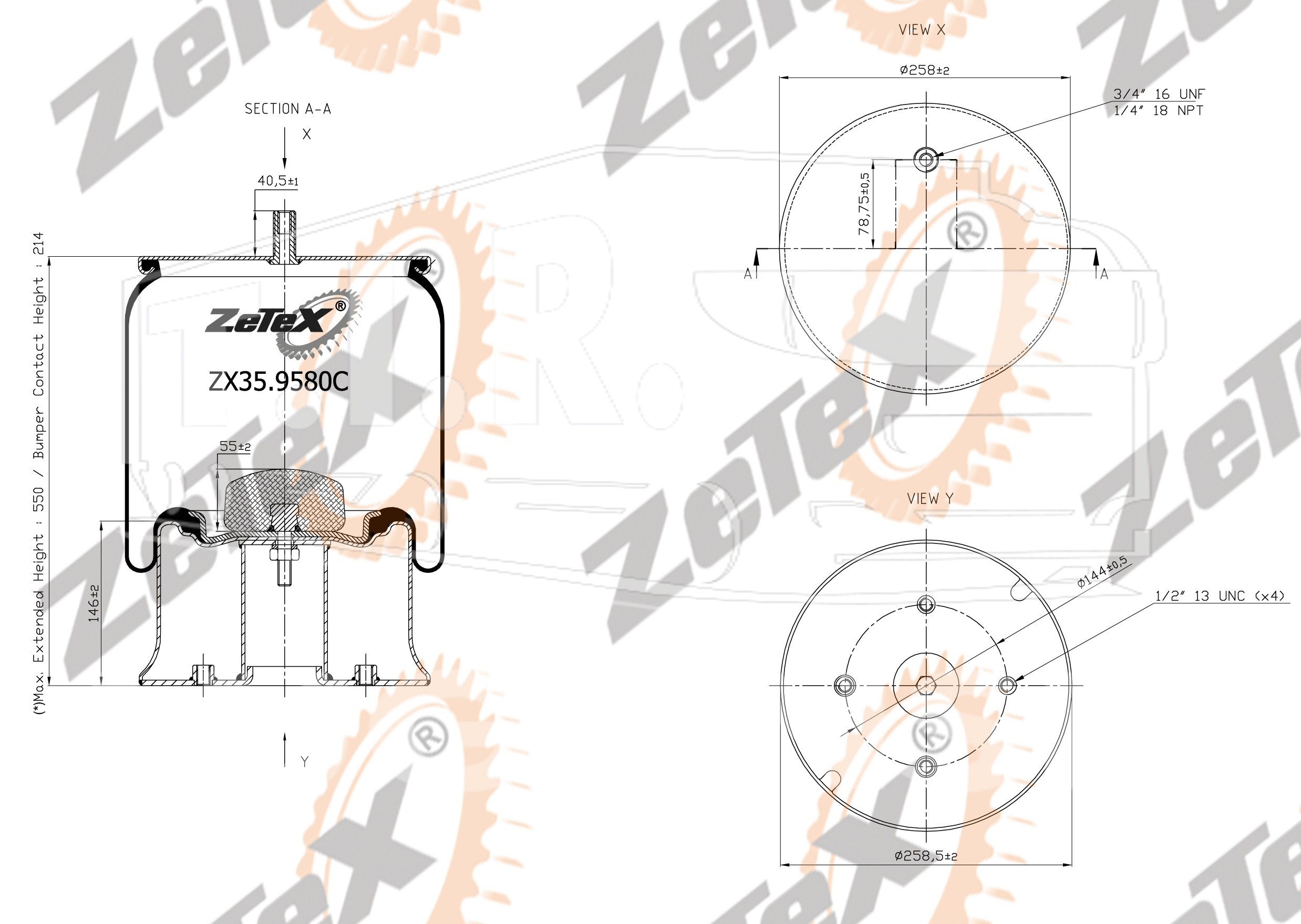 ZX35.9580C, Пневморессора W013589580 (S20127 Hendrickson) металлический стакан — ZeTeX